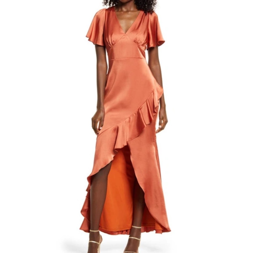 Lulu’s - Eternal Bond Satin Ruffled Flutter Sleeve Maxi Dress